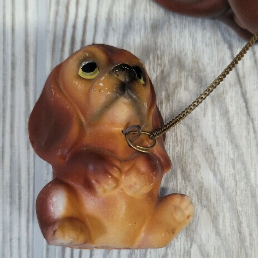 Vintage Dog Figurine Set Brown Mother and Puppies on Chain MCM Kitsch Decor